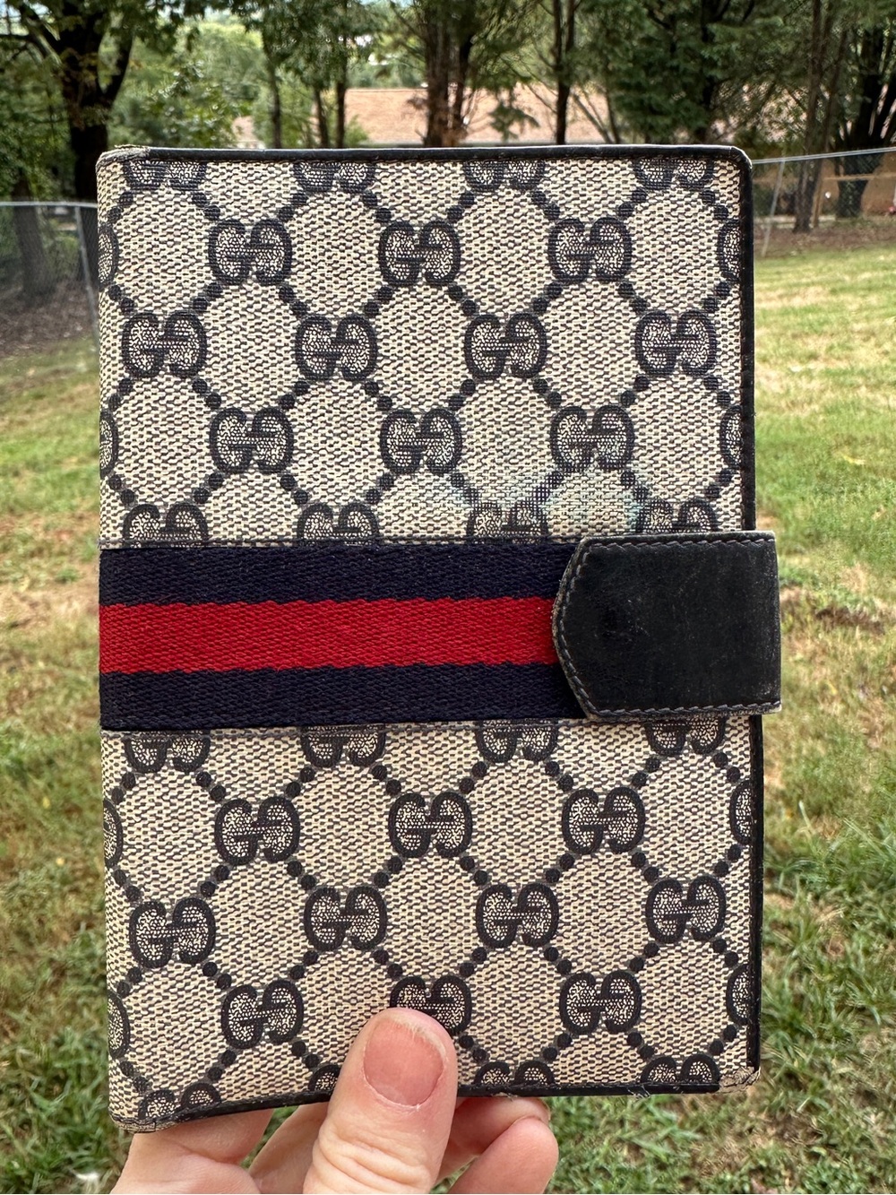 Vintage Gucci GG Monogram Navy Red Web Stripe Passport Travel Wallet